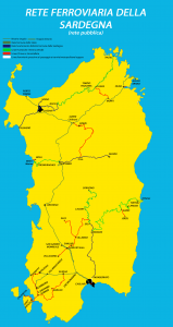 Map of Sardinian rail network with Trenino Verde marked with green, Italy