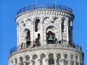 Top of Leaning tower of Pisa with bells, Tuscany, Italy