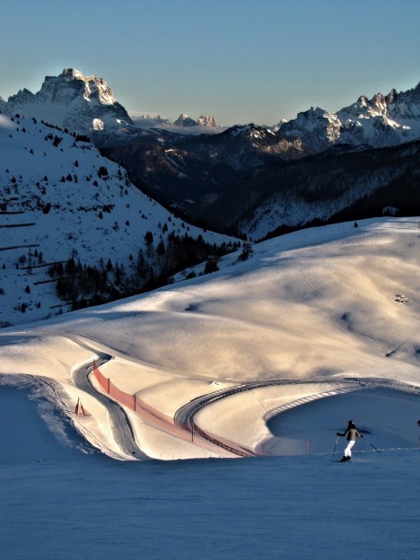 Late afternoon skiing in Alta Badia, Dolomites, Italy
