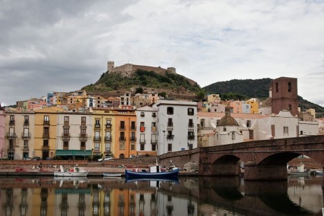 Bosa and its castle seen from the river Temo, Sardinia, Italy