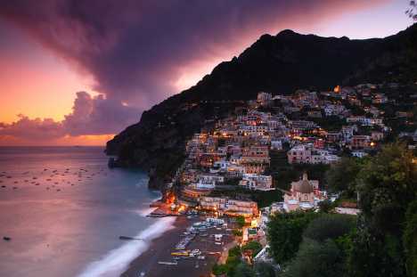Positano at dusk, Amalfi Coast, Italy