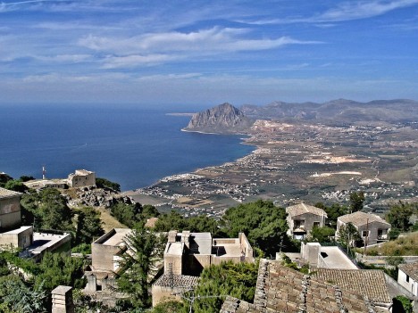 View from Erice towards Monte Cofano, Trapani, Sicily, Italy