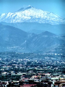Mount Etna as seen from Milazzo - a gateway to Lipari islands, Sicily, Italy