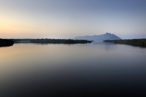 The mountain of the Circeo as seen from the bridge that crosses Lake Paola (in Sabaudia), Lazio, Italy