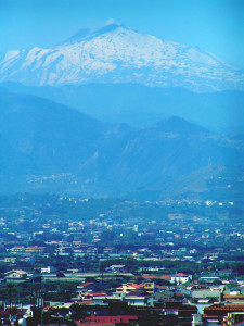 Snowy Mount Etna as seen from Milazzo, Sicily, Italy