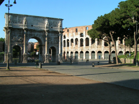 Empty areas around Colosseum in May, Rome, Italy