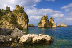 Scopello scenery as seen from the beach, Sicily, Italy